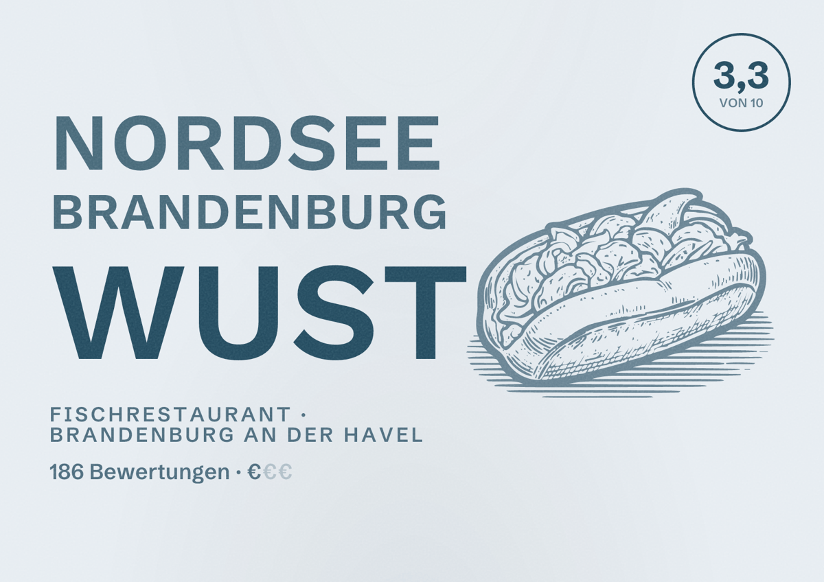 Illustriertes Poster von NORDSEE Brandenburg Wust, Fischrestaurant in Brandenburg an der Havel: Bewertung 3,3 von 10 aus 186 Bewertungen, Preisniveau €