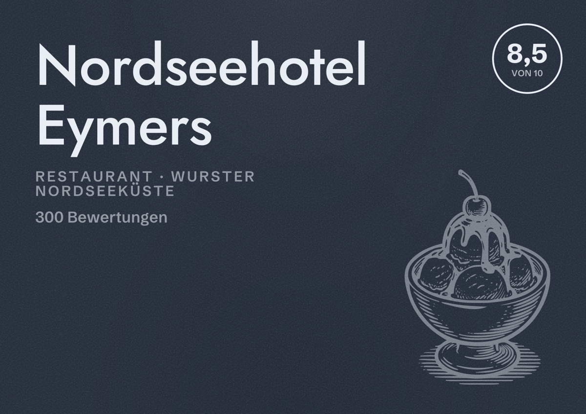 Illustriertes Poster von Nordseehotel Eymers, Restaurant in Wurster Nordseeküste: Bewertung 8,5 von 10 aus 300 Bewertungen