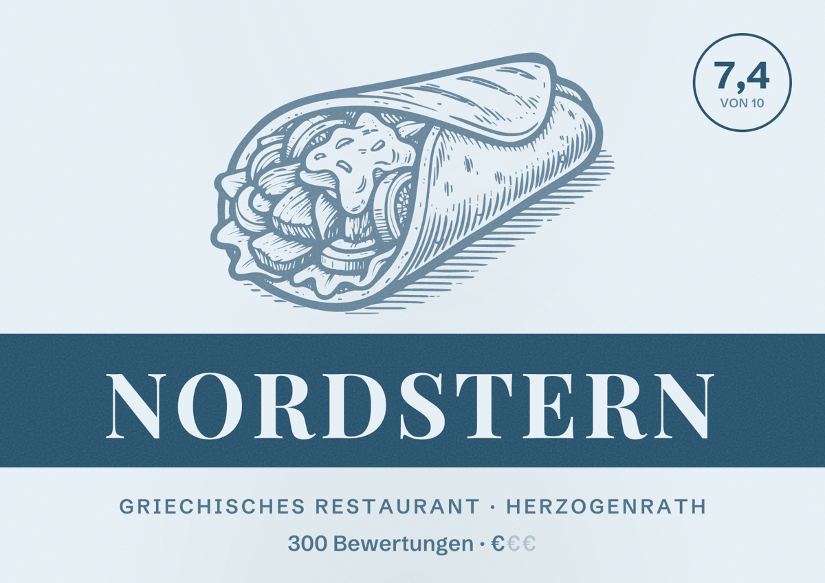 Illustriertes Poster von Nordstern, Griechisches Restaurant in Herzogenrath: Bewertung 7,4 von 10 aus 300 Bewertungen, Preisniveau €