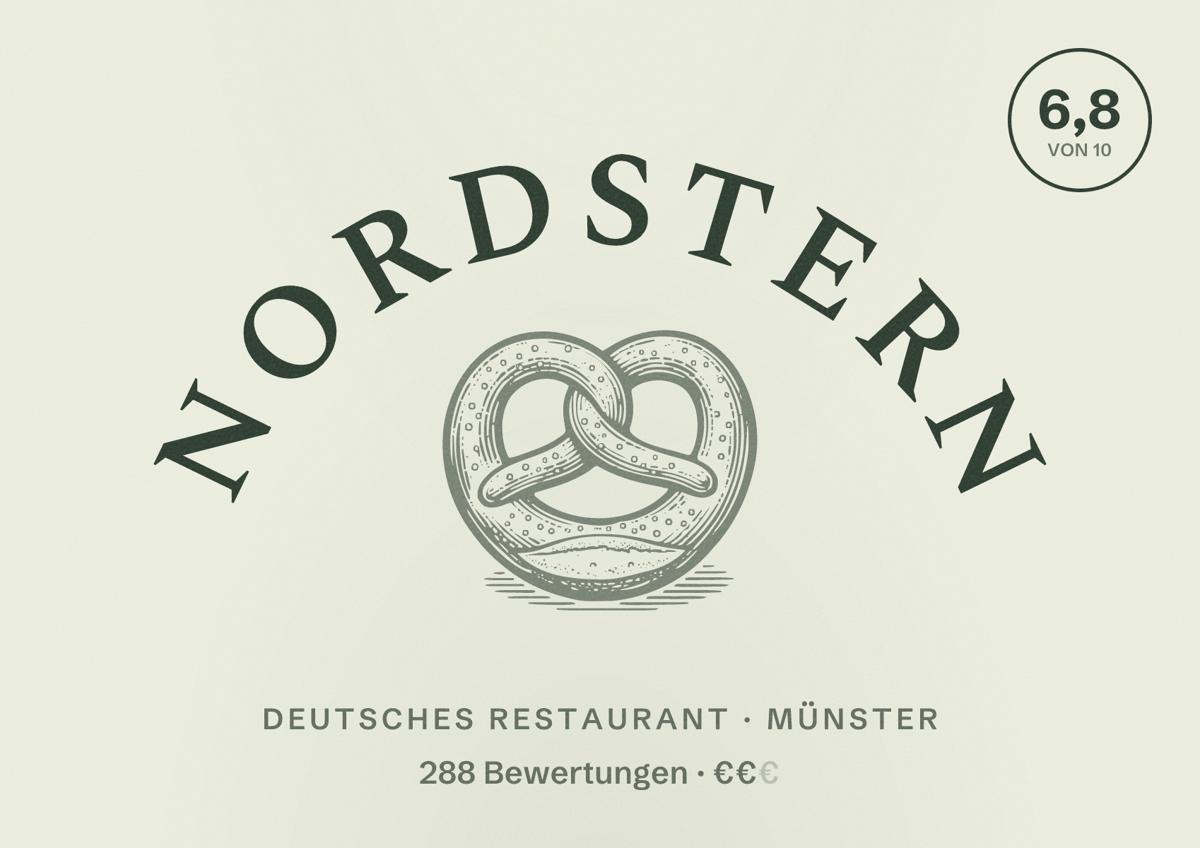 Illustriertes Poster von Nordstern, Deutsches Restaurant in Münster: Bewertung 6,8 von 10 aus 288 Bewertungen, Preisniveau €€