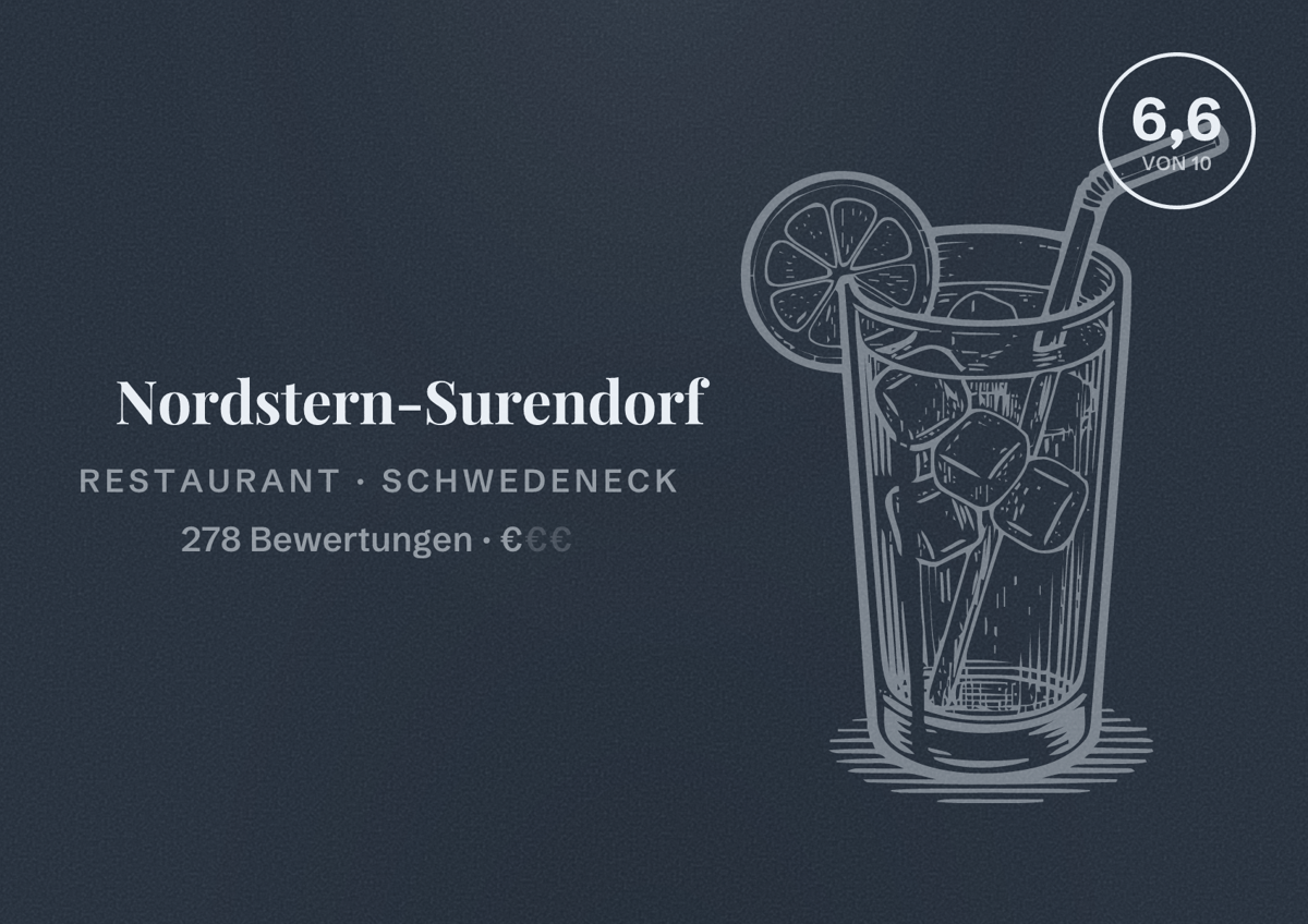Illustriertes Poster von Nordstern-Surendorf, Restaurant in Schwedeneck: Bewertung 6,6 von 10 aus 278 Bewertungen, Preisniveau €