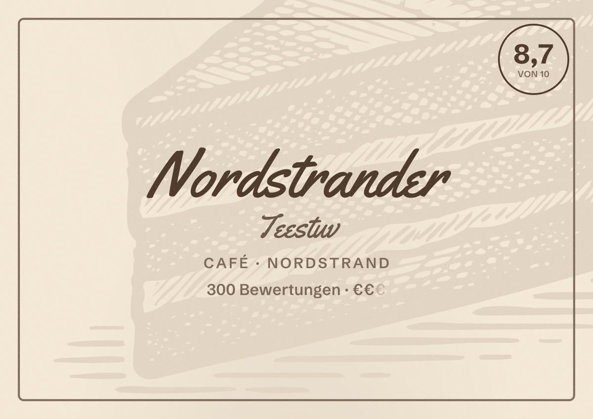 Illustriertes Poster von Nordstrander Teestuv, Café in Nordstrand: Bewertung 8,7 von 10 aus 300 Bewertungen, Preisniveau €€