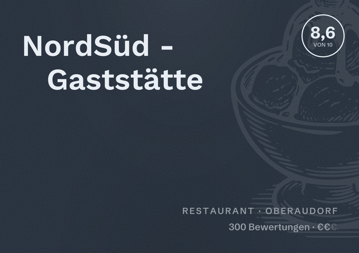Illustriertes Poster von NordSüd - Gaststätte, Restaurant in Oberaudorf: Bewertung 8,6 von 10 aus 300 Bewertungen, Preisniveau €€