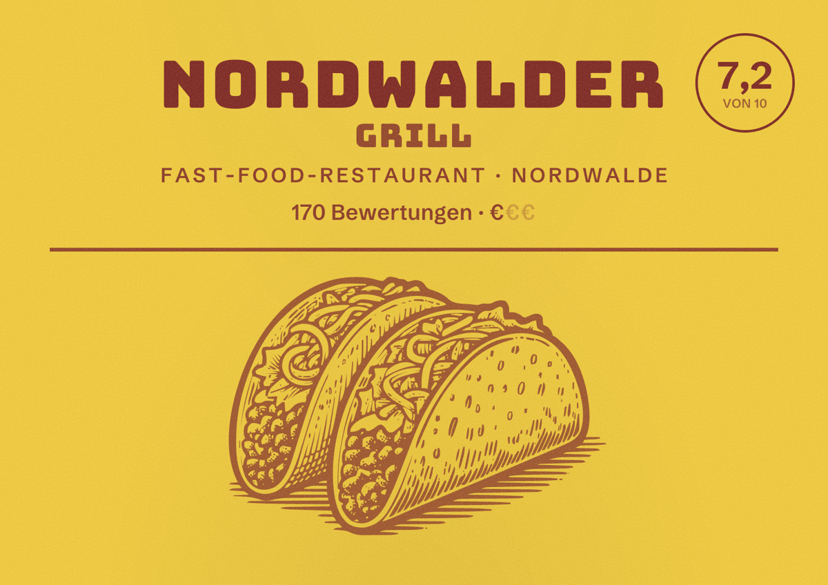 Illustriertes Poster von Nordwalder Grill, Fast-Food-Restaurant in Nordwalde: Bewertung 7,2 von 10 aus 170 Bewertungen, Preisniveau €