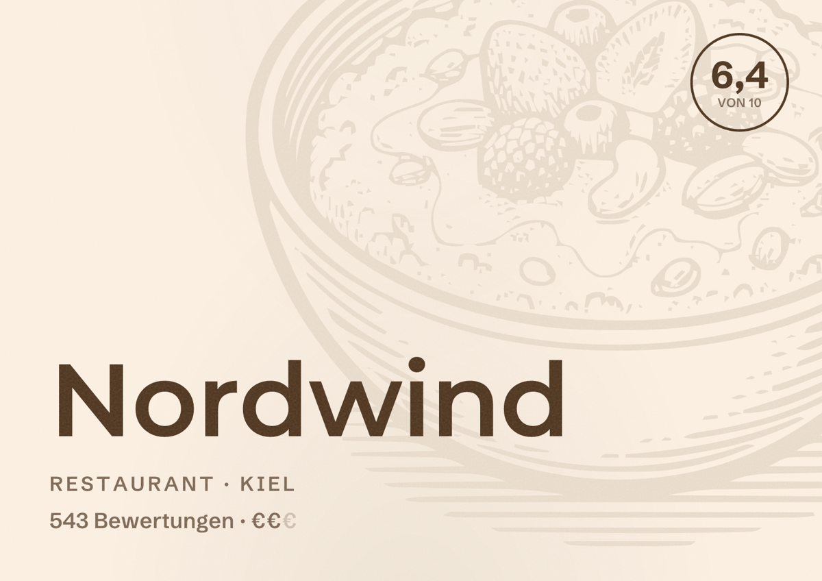 Illustriertes Poster von Nordwind, Restaurant in Kiel: Bewertung 6,4 von 10 aus 543 Bewertungen, Preisniveau €€