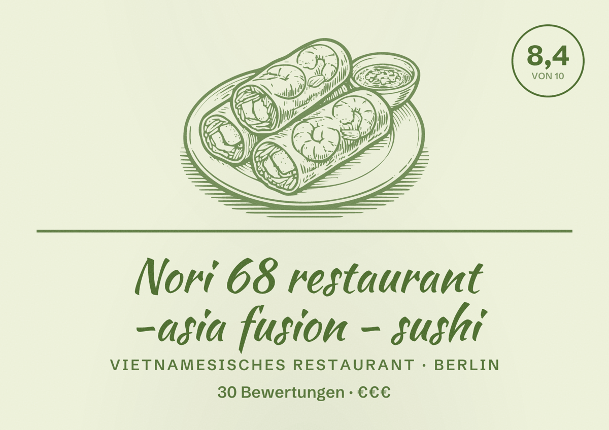 Illustriertes Poster von Nori 68 restaurant -asia fusion - sushi, Vietnamesisches Restaurant in Berlin: Bewertung 8,4 von 10 aus 30 Bewertungen, Preisniveau €€€