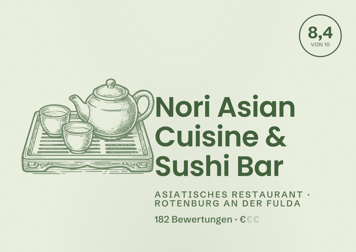 Illustriertes Poster von Nori Asian Cuisine & Sushi Bar, Asiatisches Restaurant in Rotenburg an der Fulda: Bewertung 8,4 von 10 aus 182 Bewertungen, Preisniveau €