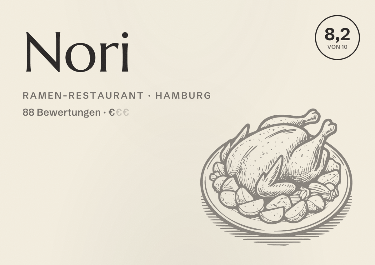 Illustriertes Poster von Nori, Ramen-Restaurant in Hamburg: Bewertung 8,2 von 10 aus 88 Bewertungen, Preisniveau €