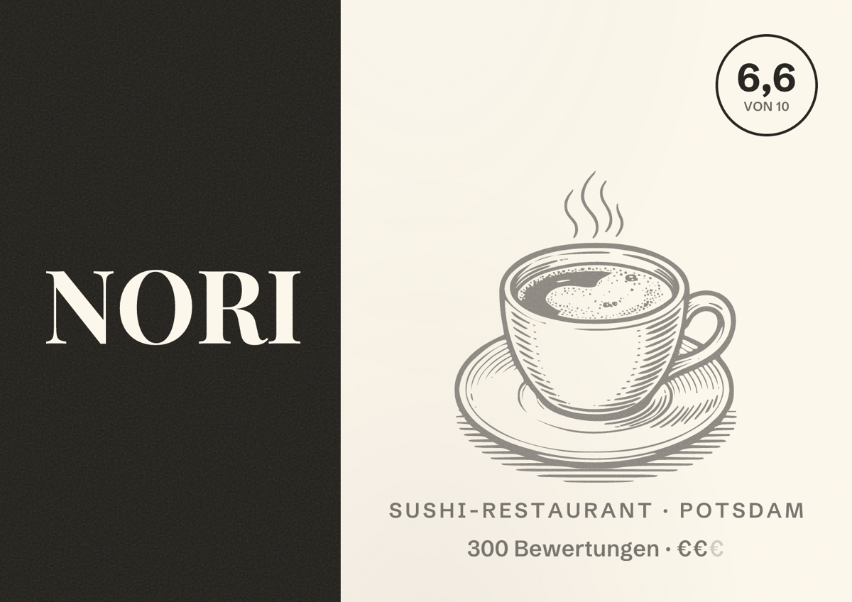 Illustriertes Poster von NORI, Sushi-Restaurant in Potsdam: Bewertung 6,6 von 10 aus 300 Bewertungen, Preisniveau €€