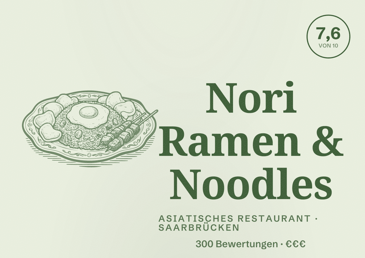 Illustriertes Poster von Nori Ramen & Noodles, Asiatisches Restaurant in Saarbrücken: Bewertung 7,6 von 10 aus 300 Bewertungen, Preisniveau €€€