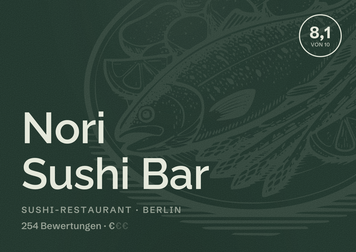 Illustriertes Poster von Nori Sushi Bar, Sushi-Restaurant in Berlin: Bewertung 8,1 von 10 aus 254 Bewertungen, Preisniveau €
