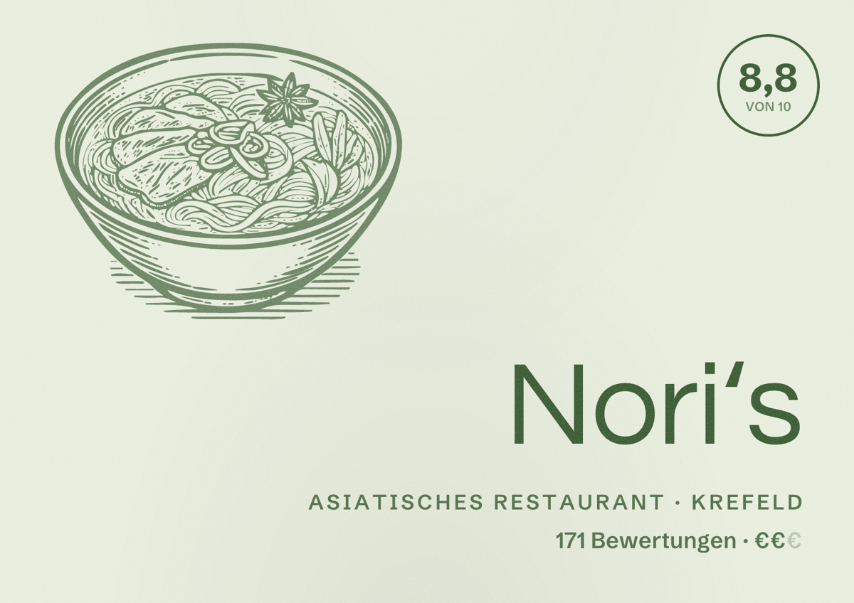 Illustriertes Poster von Nori‘s, Asiatisches Restaurant in Krefeld: Bewertung 8,8 von 10 aus 171 Bewertungen, Preisniveau €€
