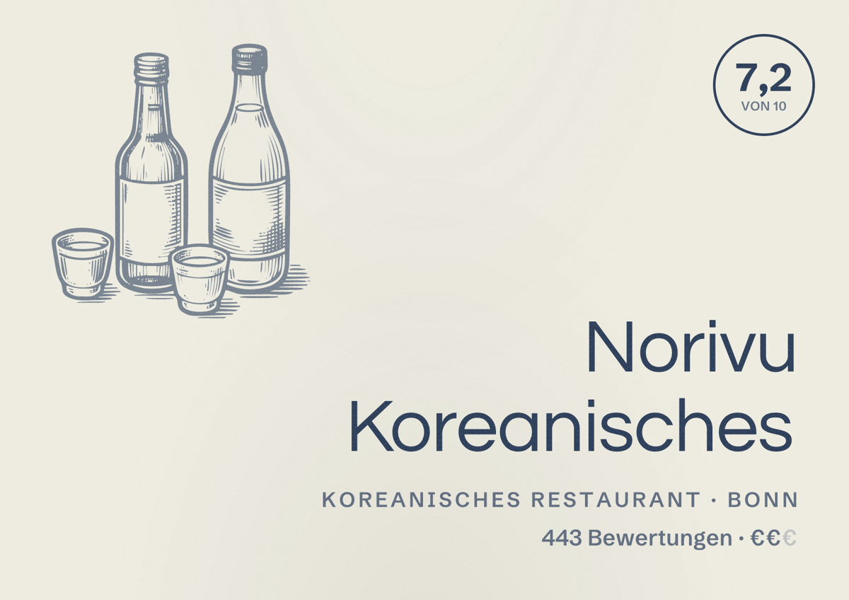 Illustriertes Poster von Norivu Koreanisches, Koreanisches Restaurant in Bonn: Bewertung 7,2 von 10 aus 443 Bewertungen, Preisniveau €€