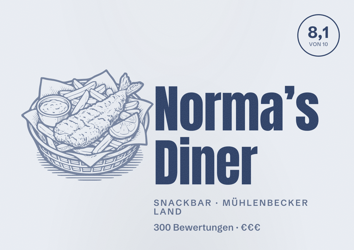 Illustriertes Poster von Norma’s Diner, Snackbar in Mühlenbecker Land: Bewertung 8,1 von 10 aus 300 Bewertungen, Preisniveau €€€