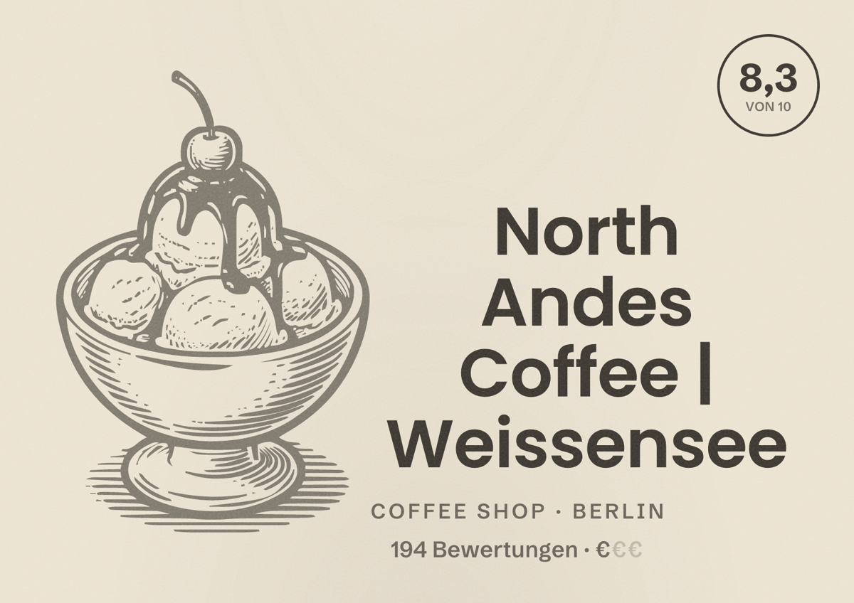 Illustriertes Poster von North Andes Coffee | Weissensee, Coffee Shop in Berlin: Bewertung 8,3 von 10 aus 194 Bewertungen, Preisniveau €
