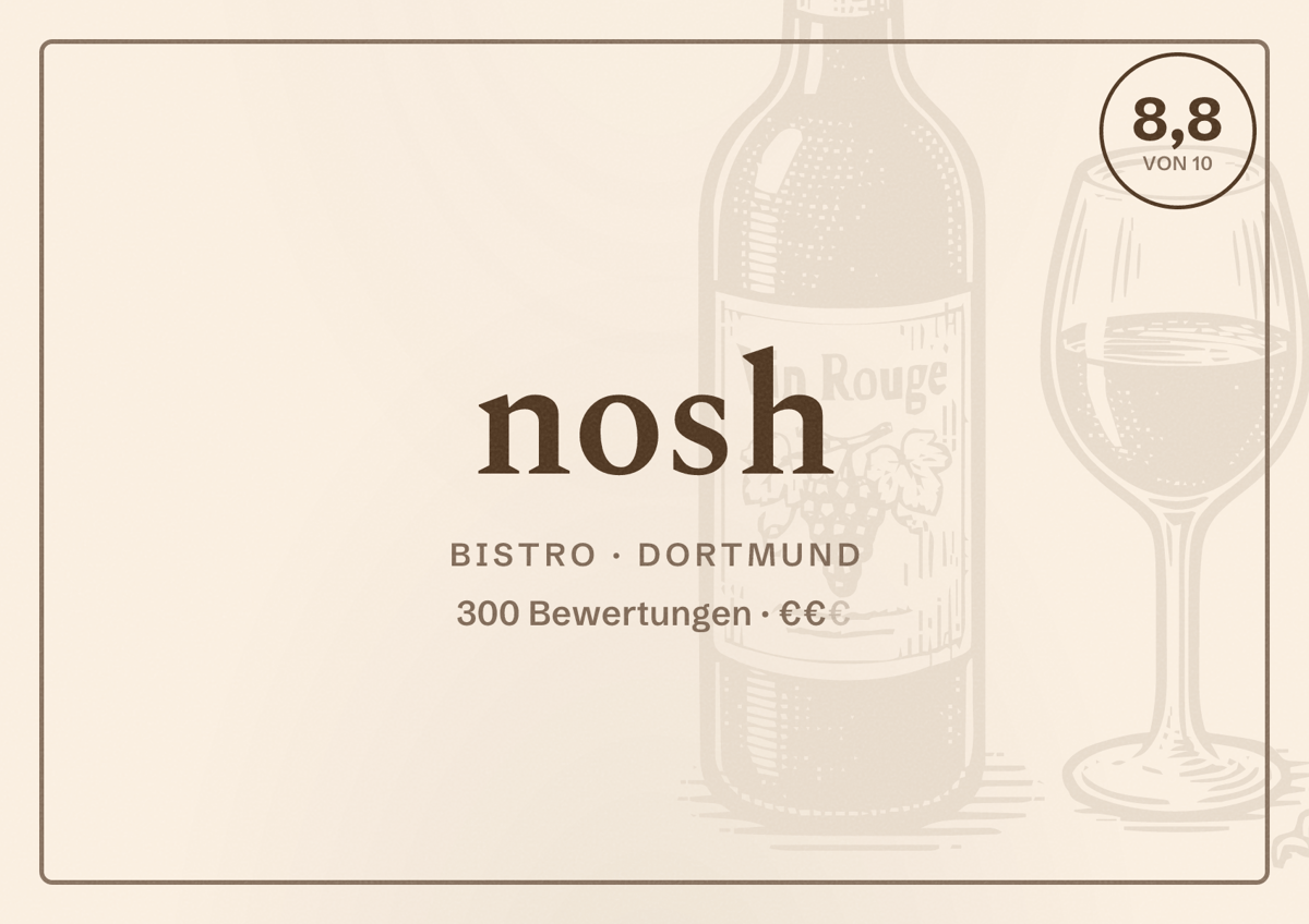Illustriertes Poster von nosh, Bistro in Dortmund: Bewertung 8,8 von 10 aus 300 Bewertungen, Preisniveau €€