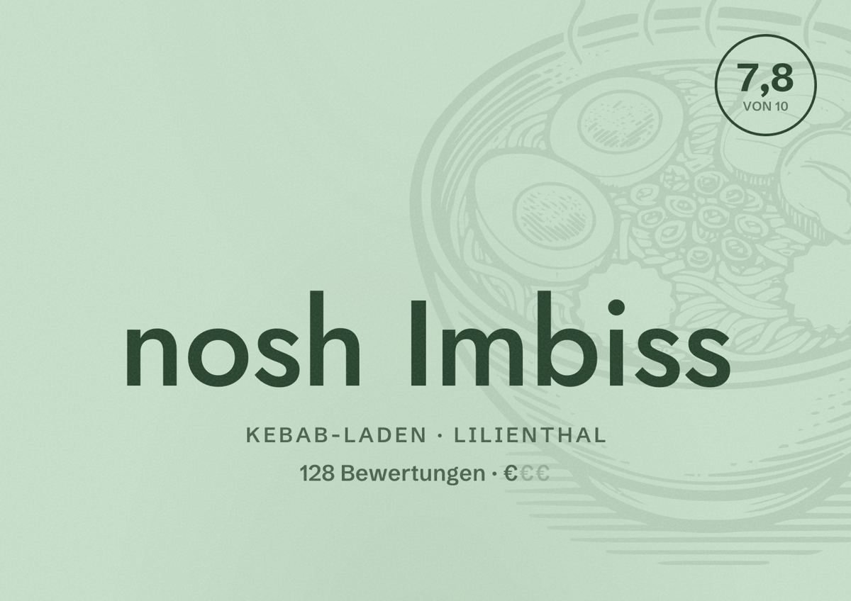 Illustriertes Poster von nosh Imbiss, Kebab-Laden in Lilienthal: Bewertung 7,8 von 10 aus 128 Bewertungen, Preisniveau €