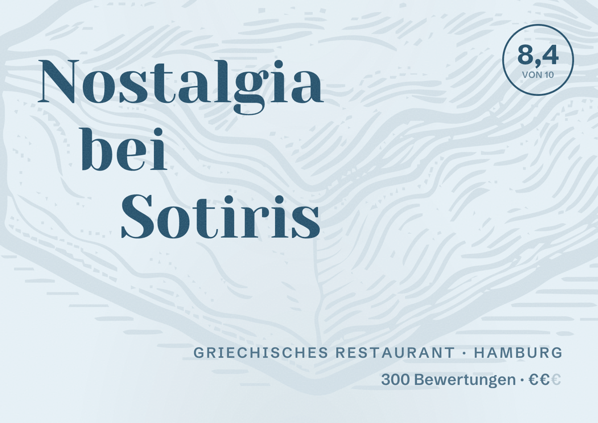 Illustriertes Poster von Nostalgia bei Sotiris, Griechisches Restaurant in Hamburg: Bewertung 8,4 von 10 aus 300 Bewertungen, Preisniveau €€