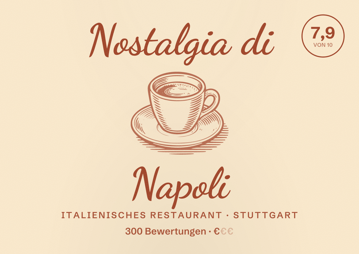 Illustriertes Poster von Nostalgia di Napoli, Italienisches Restaurant in Stuttgart: Bewertung 7,9 von 10 aus 300 Bewertungen, Preisniveau €