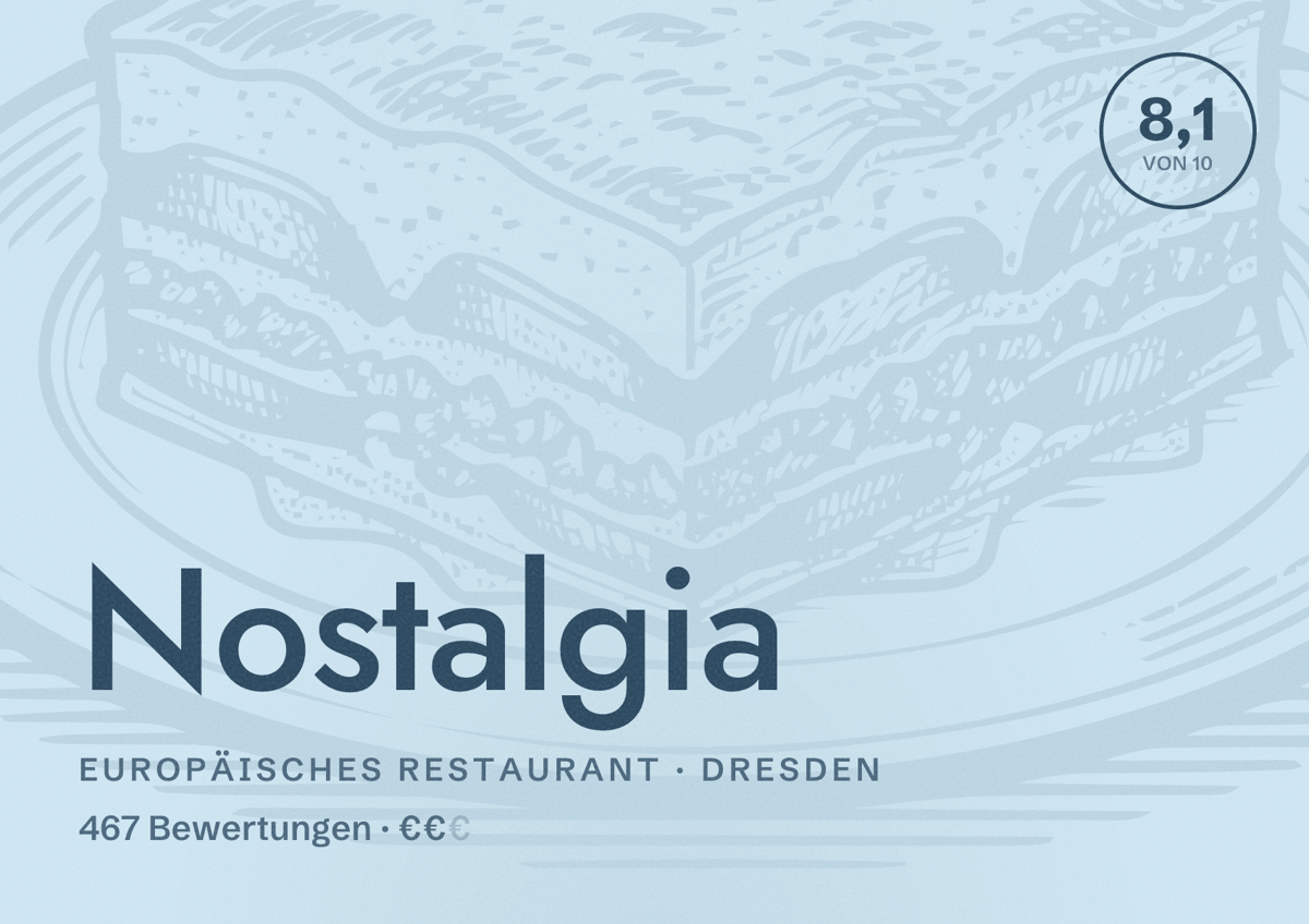Illustriertes Poster von Nostalgia, Europäisches Restaurant in Dresden: Bewertung 8,1 von 10 aus 467 Bewertungen, Preisniveau €€