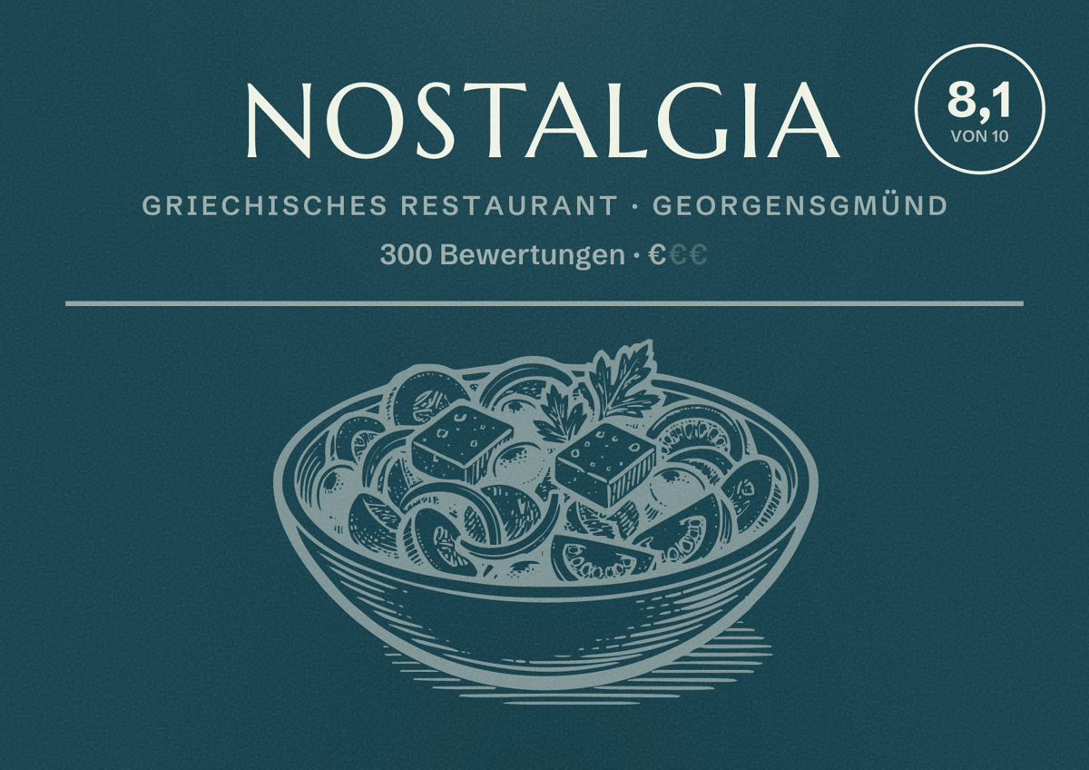 Illustriertes Poster von NOSTALGIA, Griechisches Restaurant in Georgensgmünd: Bewertung 8,1 von 10 aus 300 Bewertungen, Preisniveau €