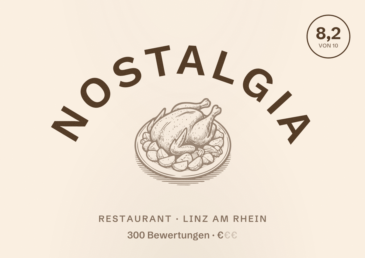 Illustriertes Poster von Nostalgia, Restaurant in Linz am Rhein: Bewertung 8,2 von 10 aus 300 Bewertungen, Preisniveau €