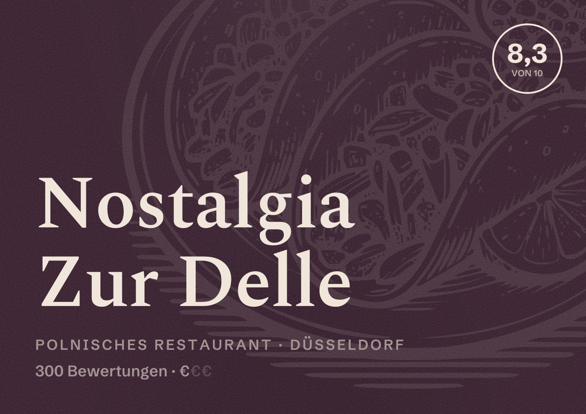 Illustriertes Poster von Nostalgia Zur Delle, Polnisches Restaurant in Düsseldorf: Bewertung 8,3 von 10 aus 300 Bewertungen, Preisniveau €