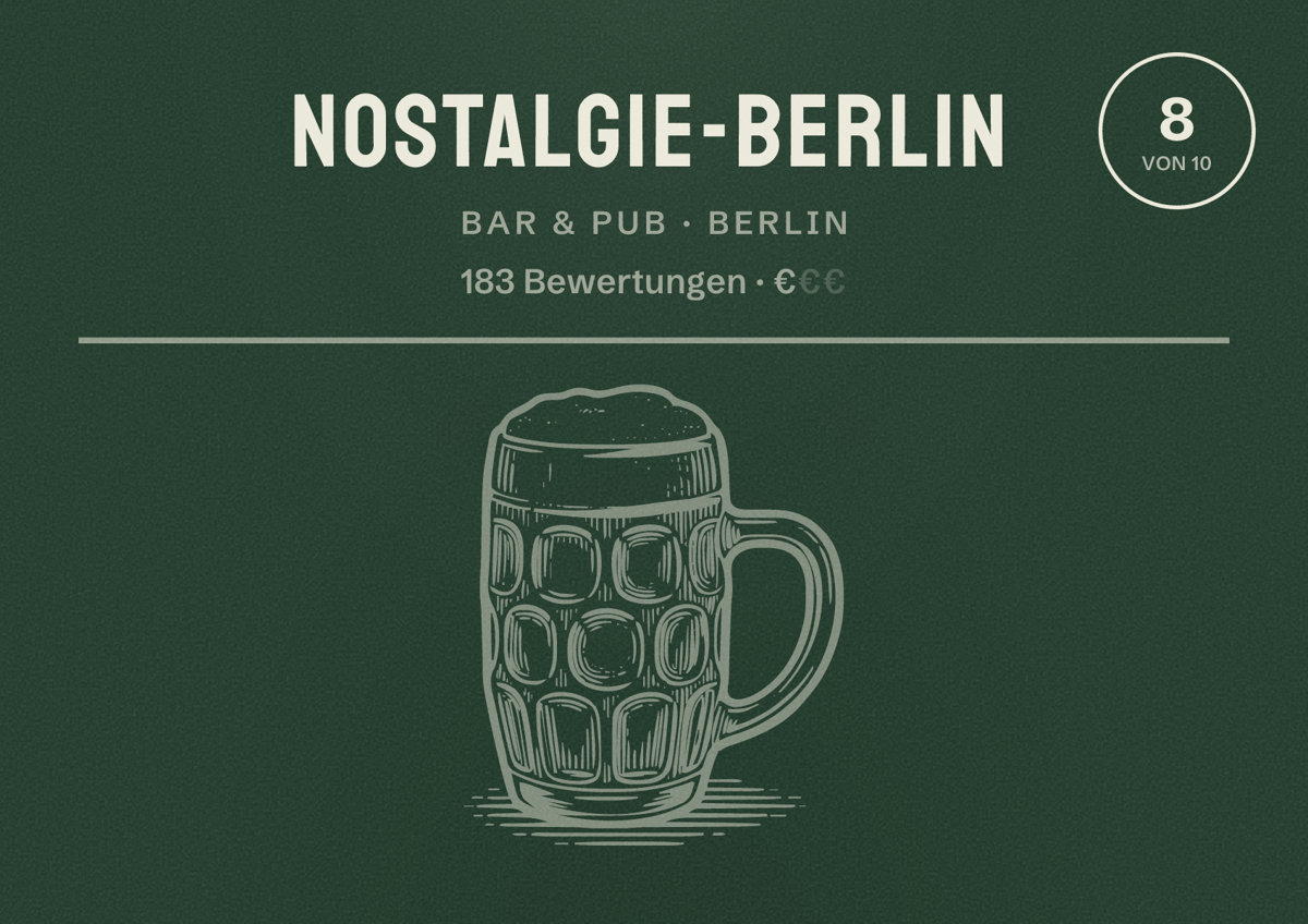 Illustriertes Poster von Nostalgie-Berlin, Bar & Pub in Berlin: Bewertung 8 von 10 aus 183 Bewertungen, Preisniveau €