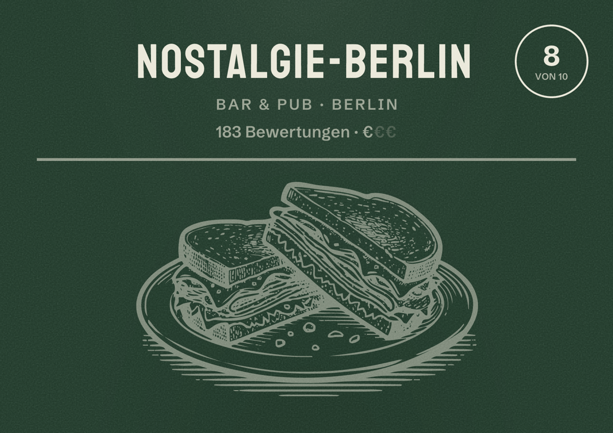 Illustriertes Poster von Nostalgie-Berlin, Bar & Pub in Berlin: Bewertung 8,0 von 10 aus 183 Bewertungen, Preisniveau €