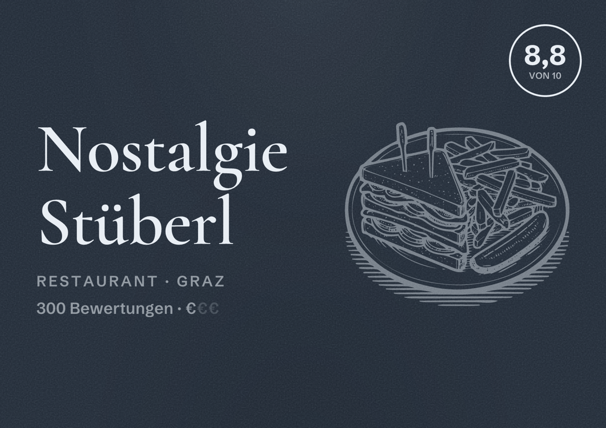 Illustriertes Poster von Nostalgie Stüberl, Restaurant in Graz: Bewertung 8,8 von 10 aus 300 Bewertungen, Preisniveau €