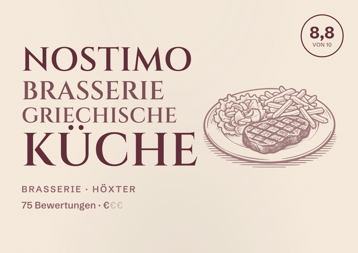 Illustriertes Poster von Nostimo Brasserie griechische Küche, Brasserie in Höxter: Bewertung 8,8 von 10 aus 75 Bewertungen, Preisniveau €