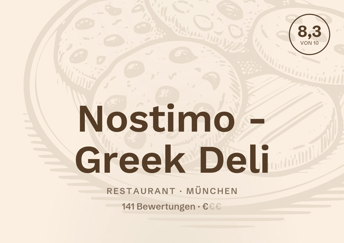 Illustriertes Poster von Nostimo - Greek Deli, Restaurant in München: Bewertung 8,3 von 10 aus 141 Bewertungen, Preisniveau €