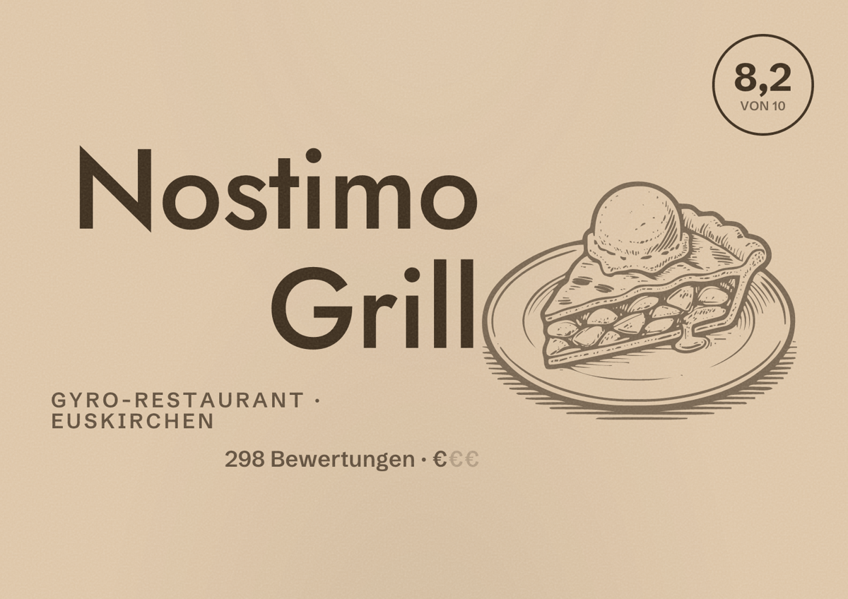 Illustriertes Poster von Nostimo Grill, Gyro-Restaurant in Euskirchen: Bewertung 8,2 von 10 aus 298 Bewertungen, Preisniveau €