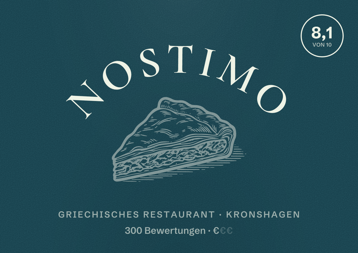 Illustriertes Poster von Nostimo, Griechisches Restaurant in Kronshagen: Bewertung 8,1 von 10 aus 300 Bewertungen, Preisniveau €