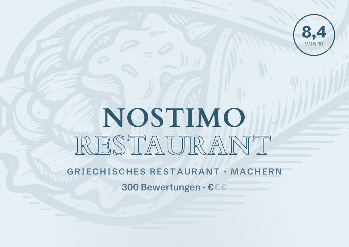 Illustriertes Poster von Nostimo Restaurant, Griechisches Restaurant in Machern: Bewertung 8,4 von 10 aus 300 Bewertungen, Preisniveau €