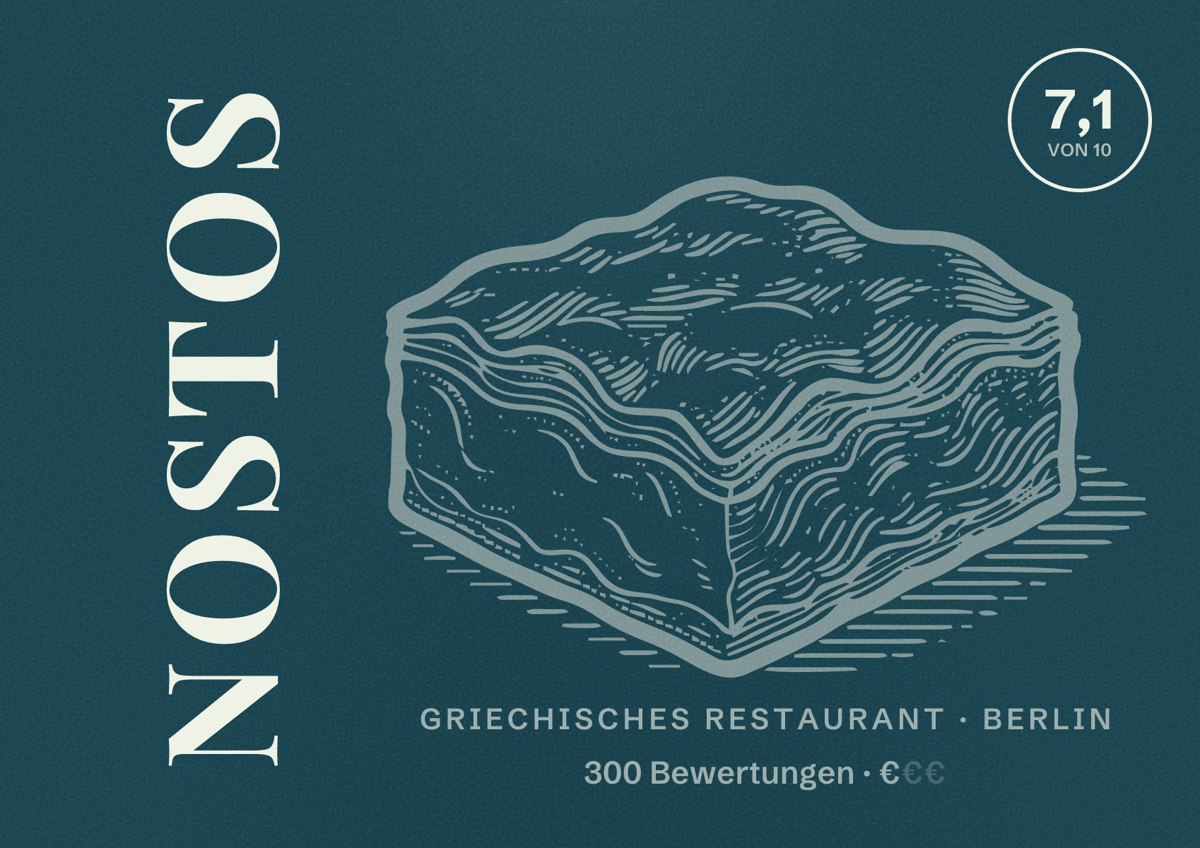 Illustriertes Poster von Nostos, Griechisches Restaurant in Berlin: Bewertung 7,1 von 10 aus 300 Bewertungen, Preisniveau €