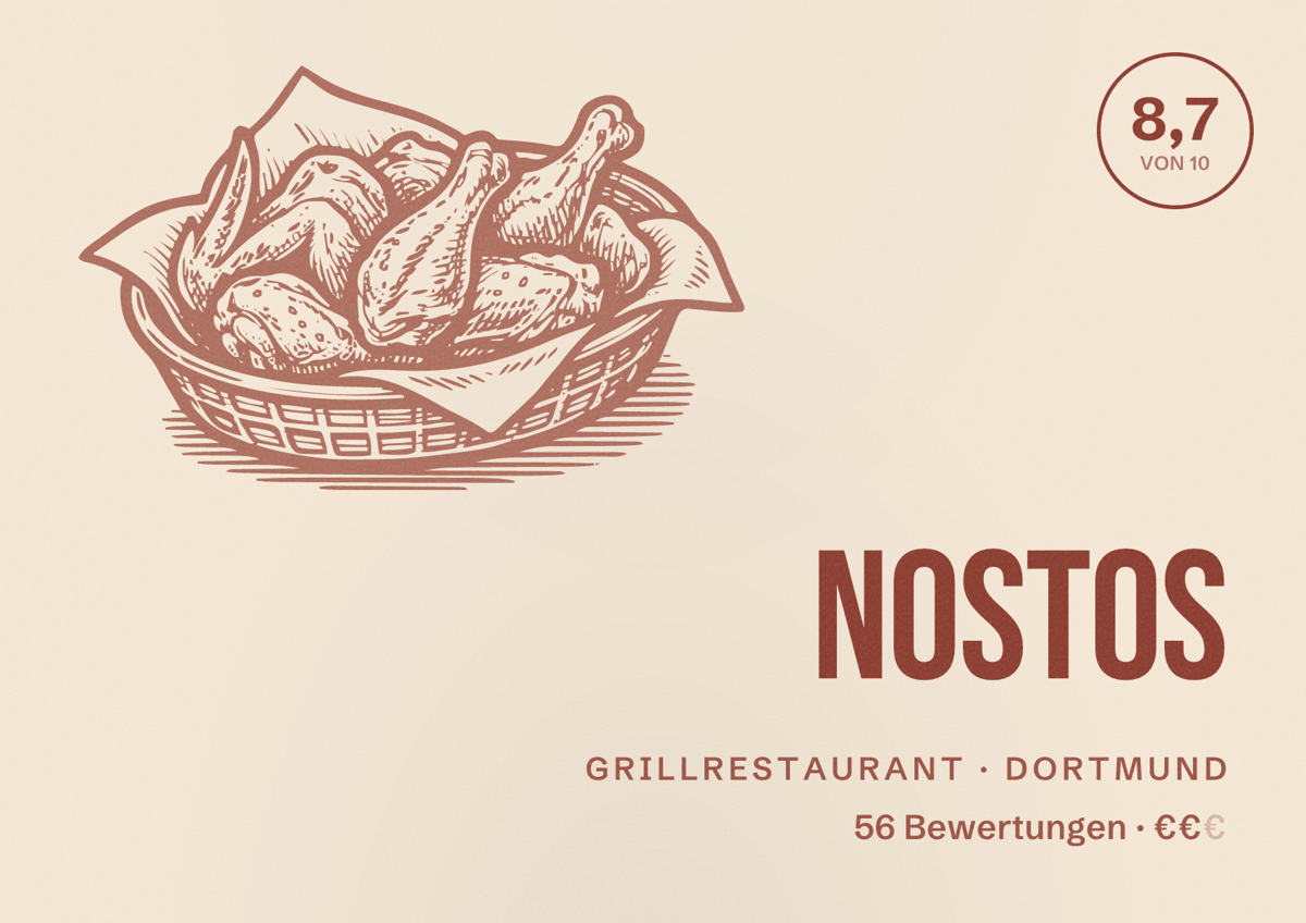 Illustriertes Poster von Nostos, Grillrestaurant in Dortmund: Bewertung 8,7 von 10 aus 56 Bewertungen, Preisniveau €€