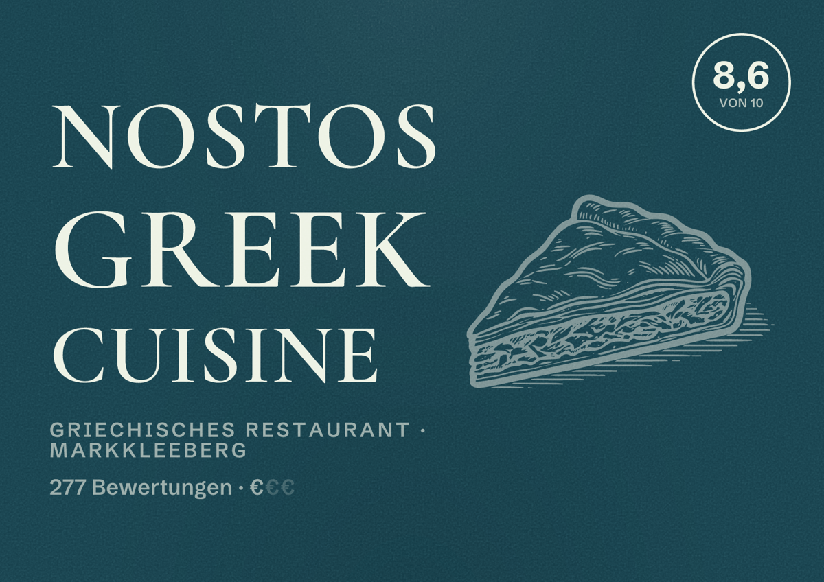 Illustriertes Poster von Nostos Greek Cuisine, Griechisches Restaurant in Markkleeberg: Bewertung 8,6 von 10 aus 277 Bewertungen, Preisniveau €