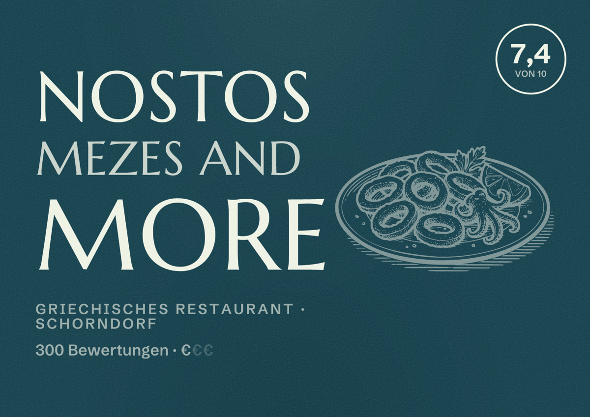 Illustriertes Poster von Nostos mezes and more, Griechisches Restaurant in Schorndorf: Bewertung 7,4 von 10 aus 300 Bewertungen, Preisniveau €