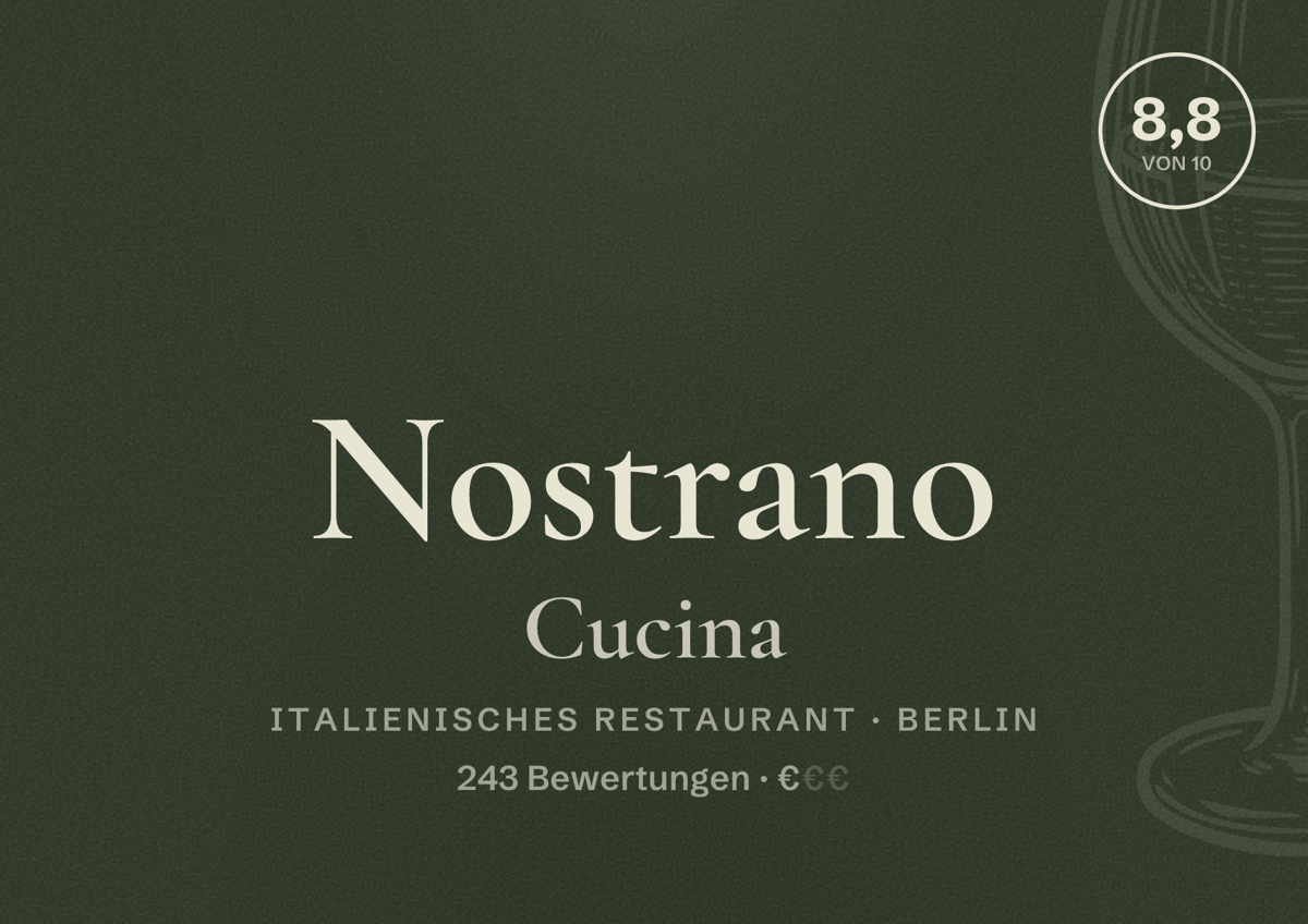 Illustriertes Poster von Nostrano Cucina, Italienisches Restaurant in Berlin: Bewertung 8,8 von 10 aus 243 Bewertungen, Preisniveau €