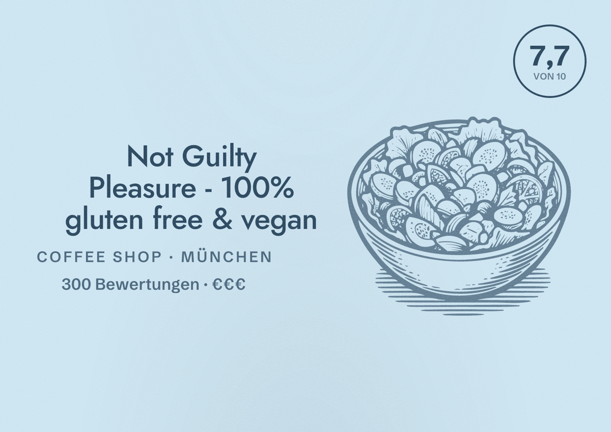 Illustriertes Poster von Not Guilty Pleasure - 100% gluten free & vegan, Coffee Shop in München: Bewertung 7,7 von 10 aus 300 Bewertungen, Preisniveau €€€