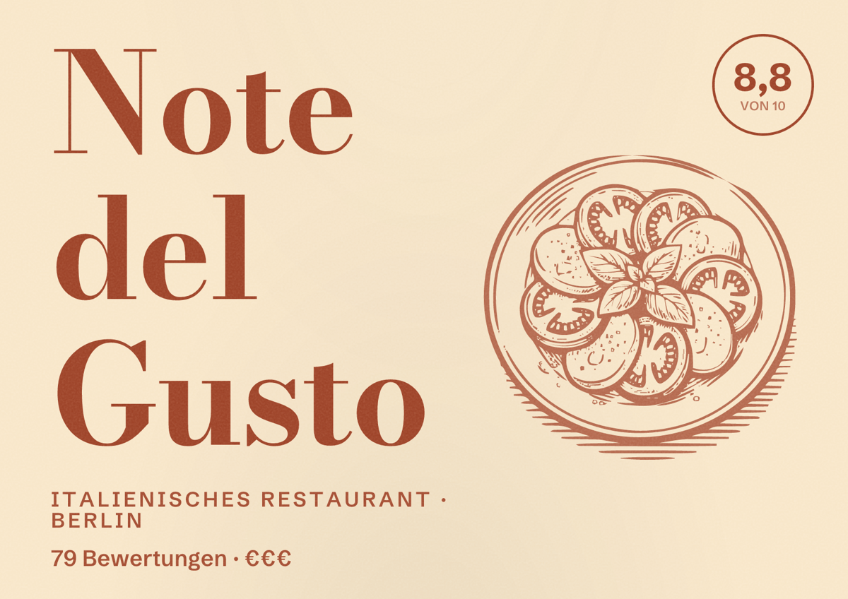 Illustriertes Poster von Note del Gusto, Italienisches Restaurant in Berlin: Bewertung 8,8 von 10 aus 79 Bewertungen, Preisniveau €€€