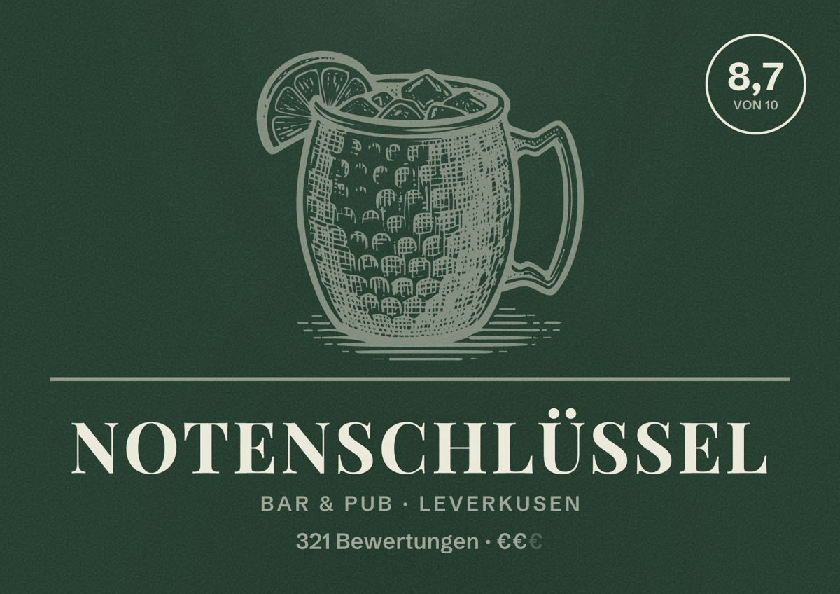 Illustriertes Poster von Notenschlüssel, Bar & Pub in Leverkusen: Gästebewertung 8,7 von 10 aus 321 Bewertungen