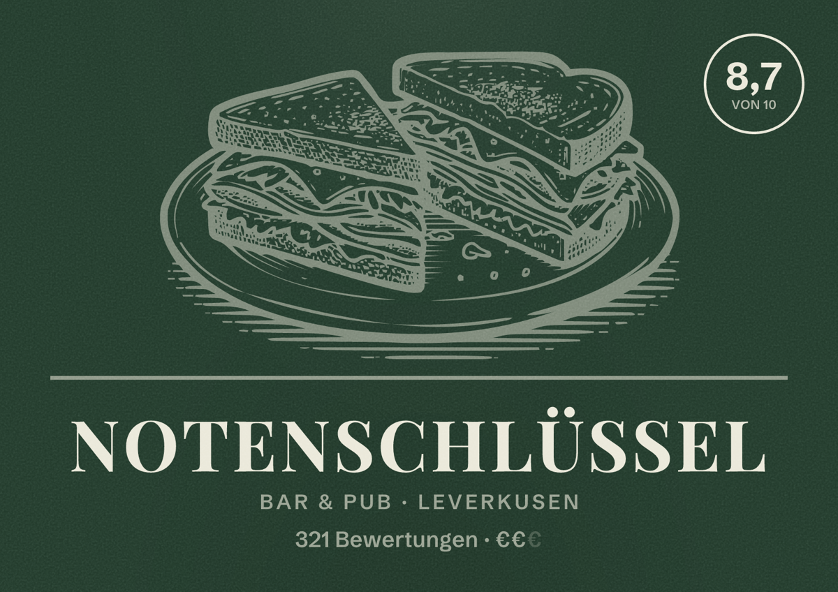 Illustriertes Poster von Notenschlüssel, Bar & Pub in Leverkusen: Bewertung 8,7 von 10 aus 321 Bewertungen, Preisniveau €€