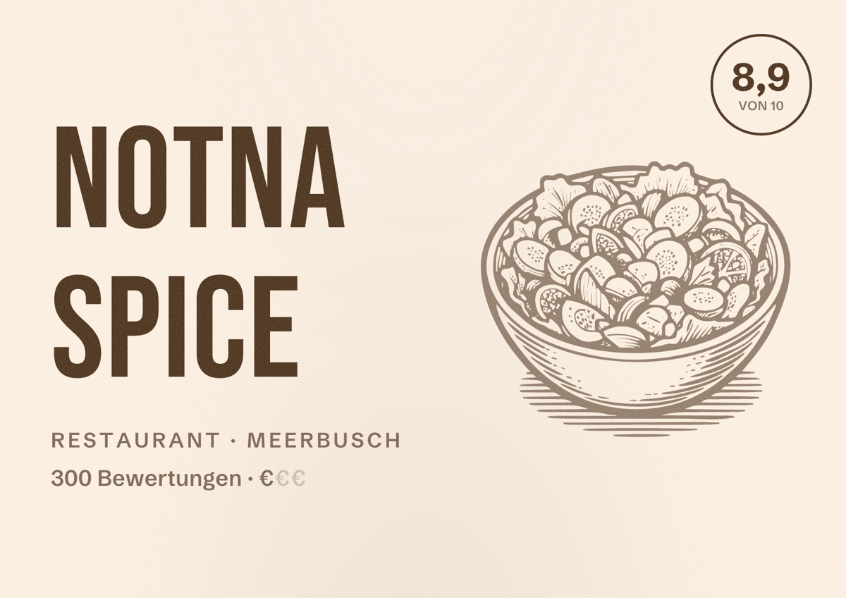 Illustriertes Poster von Notna Spice, Restaurant in Meerbusch: Bewertung 8,9 von 10 aus 300 Bewertungen, Preisniveau €