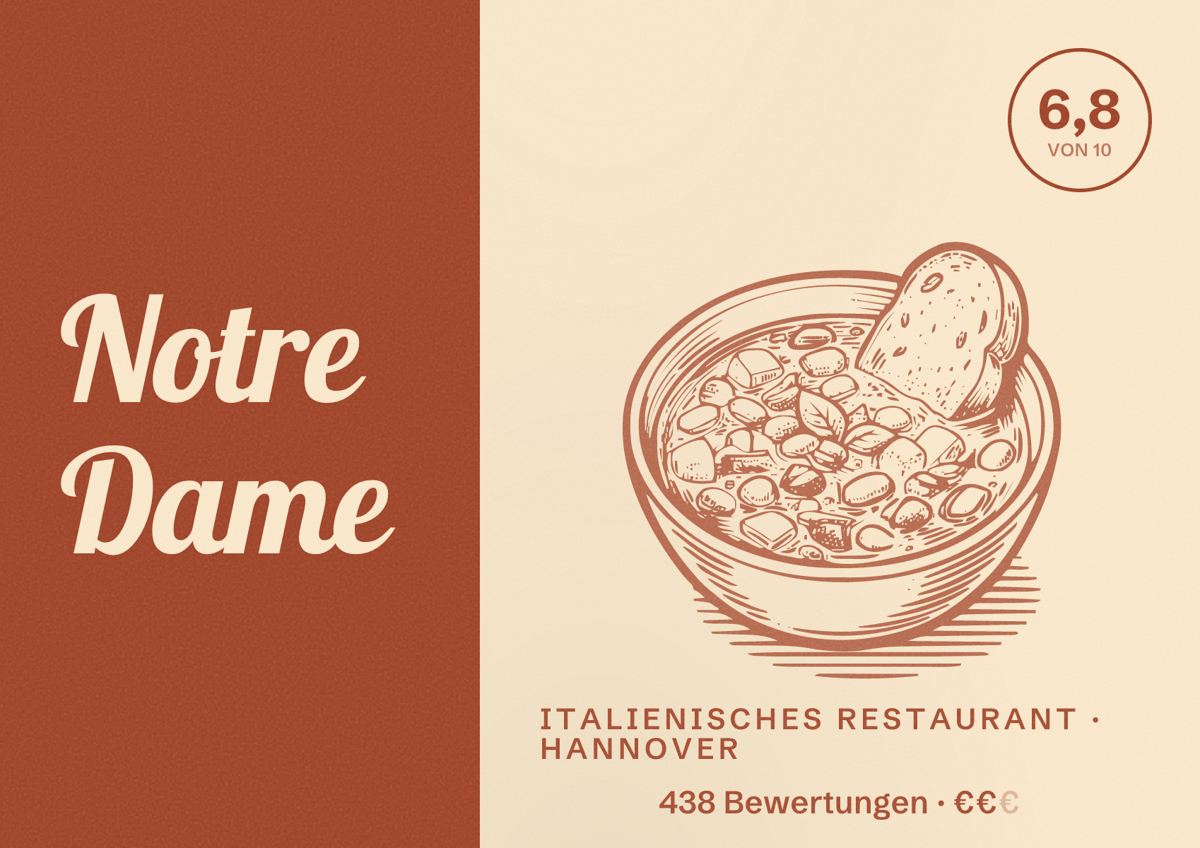 Illustriertes Poster von Notre Dame, Italienisches Restaurant in Hannover: Bewertung 6,8 von 10 aus 438 Bewertungen, Preisniveau €€