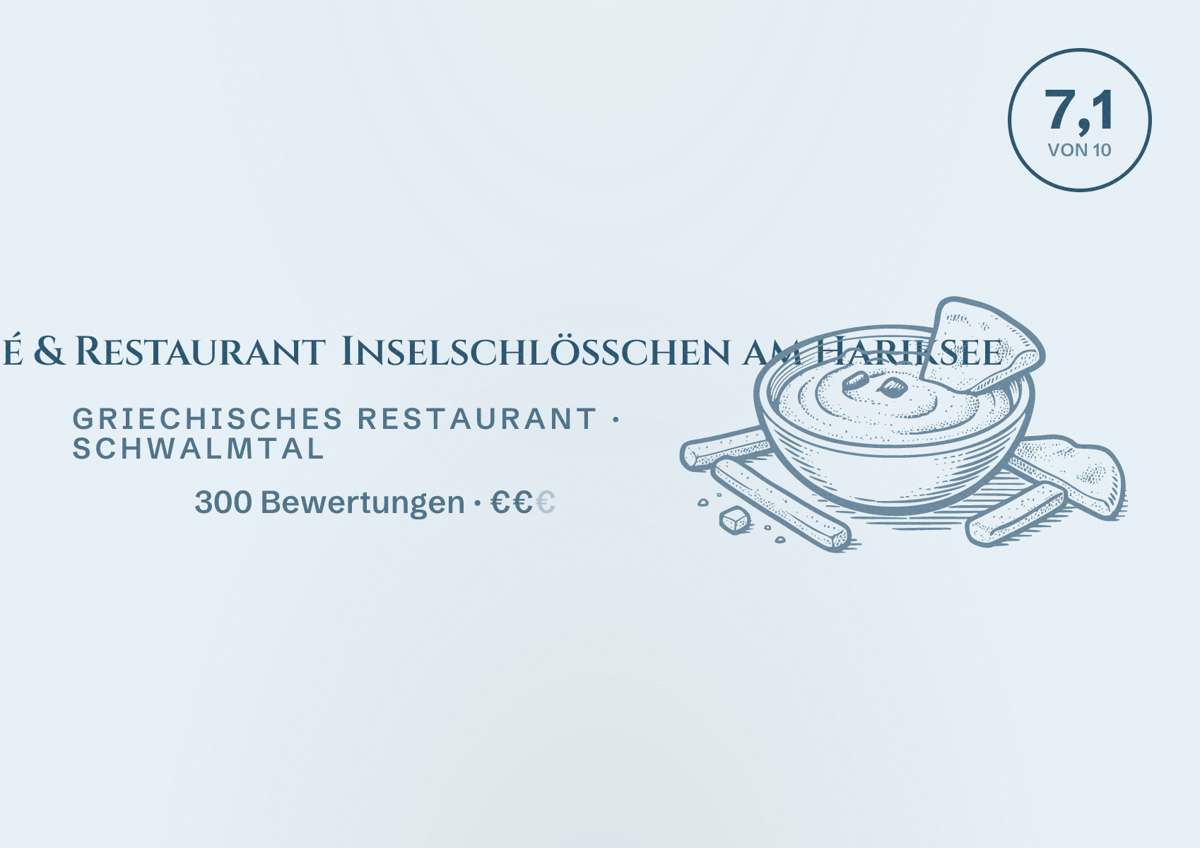 Illustriertes Poster von Notre's Café & Restaurant Inselschlösschen am Hariksee, Griechisches Restaurant in Schwalmtal: Bewertung 7,1 von 10 aus 300 Bewertungen, Preisniveau €€