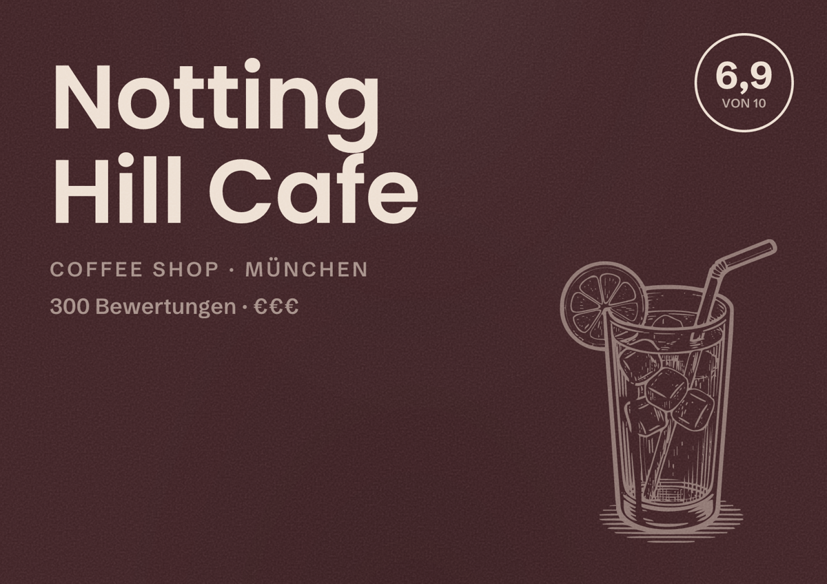 Illustriertes Poster von Notting Hill Cafe, Coffee Shop in München: Bewertung 6,9 von 10 aus 300 Bewertungen, Preisniveau €€€