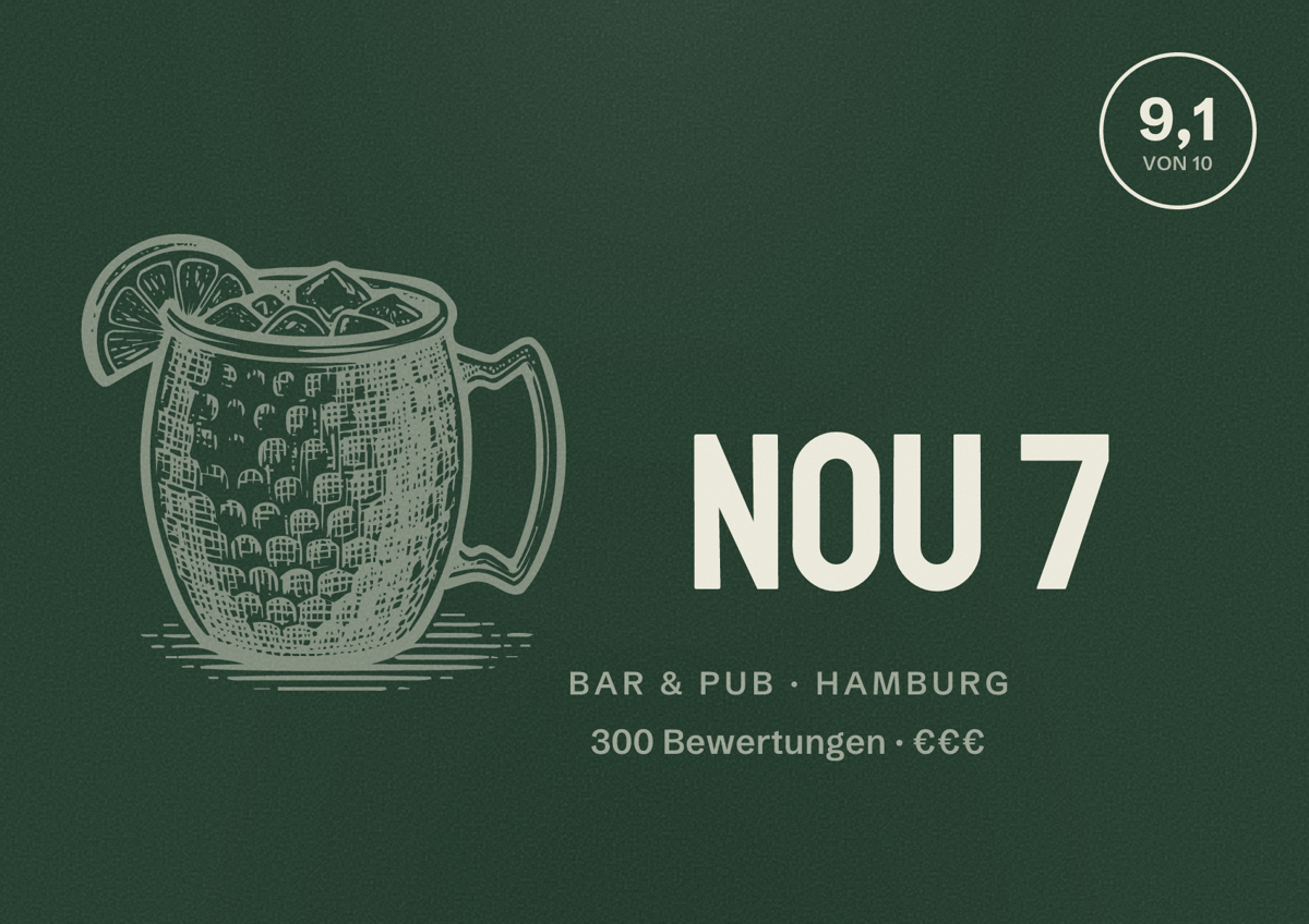Illustriertes Poster von NOU 7, Bar & Pub in Hamburg: Bewertung 9,1 von 10 aus 300 Bewertungen, Preisniveau €€€