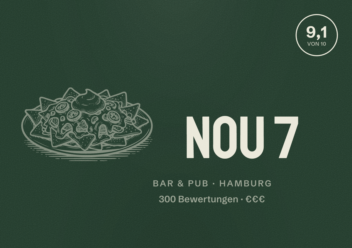 Illustriertes Poster von NOU 7, Bar & Pub in Hamburg: Bewertung 9,1 von 10 aus 300 Bewertungen, Preisniveau €€€